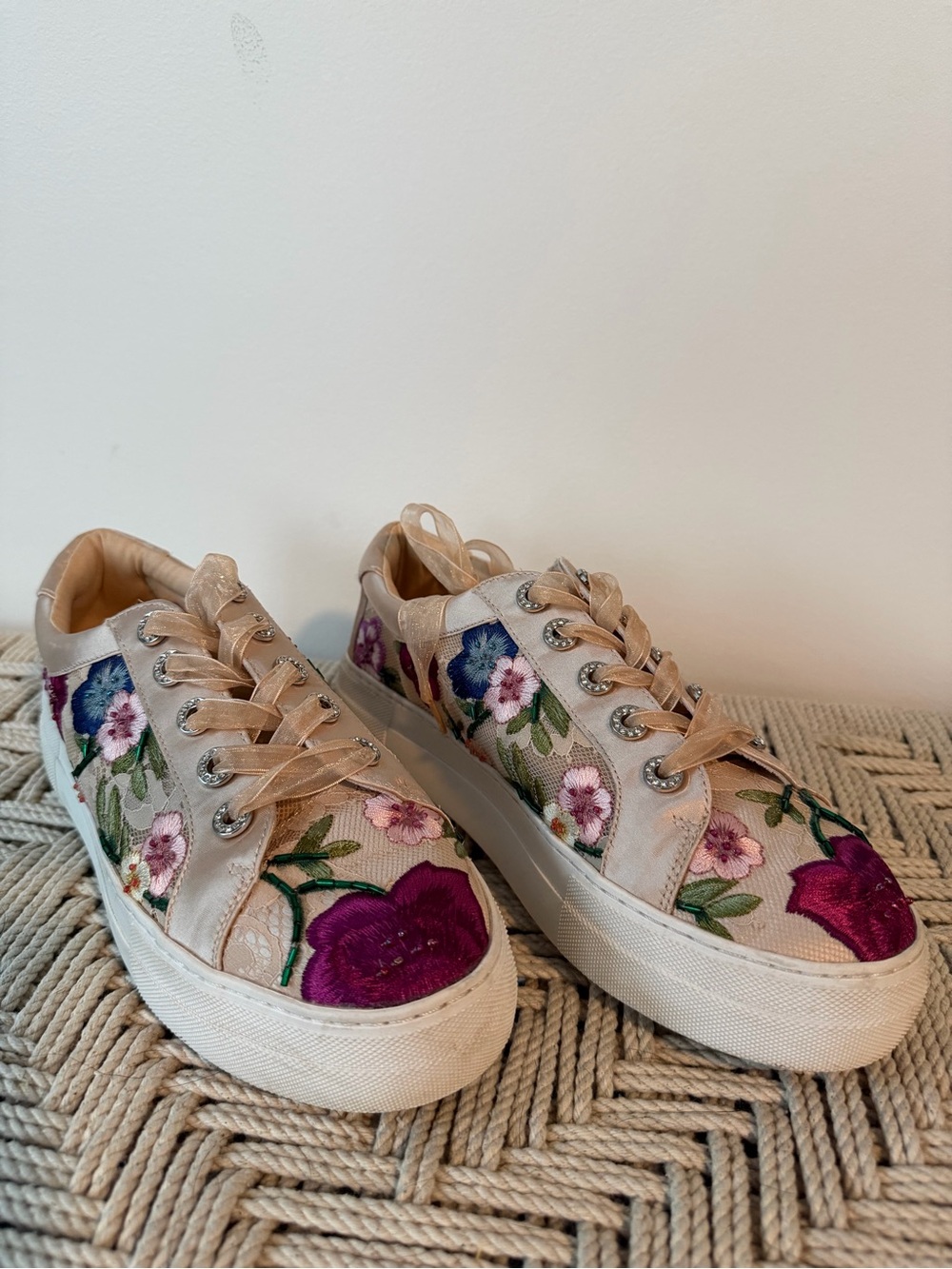 Betsey Johnson Beige Sneakers with Purple & Pink Floral Embroidery